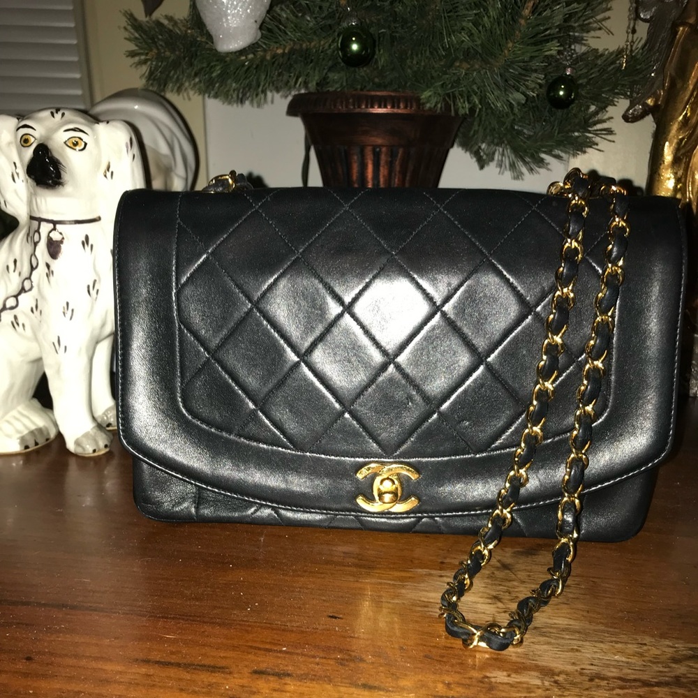 Chanel Diana Bag, Circa 1991. Black, 24kt gold chains and embellishments